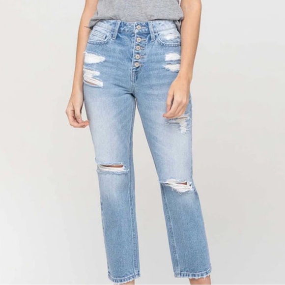VERVET BY FLYING MONKEY Light Blue Distressed Straight Leg Jeans Sz 28 - Picture 1 of 7